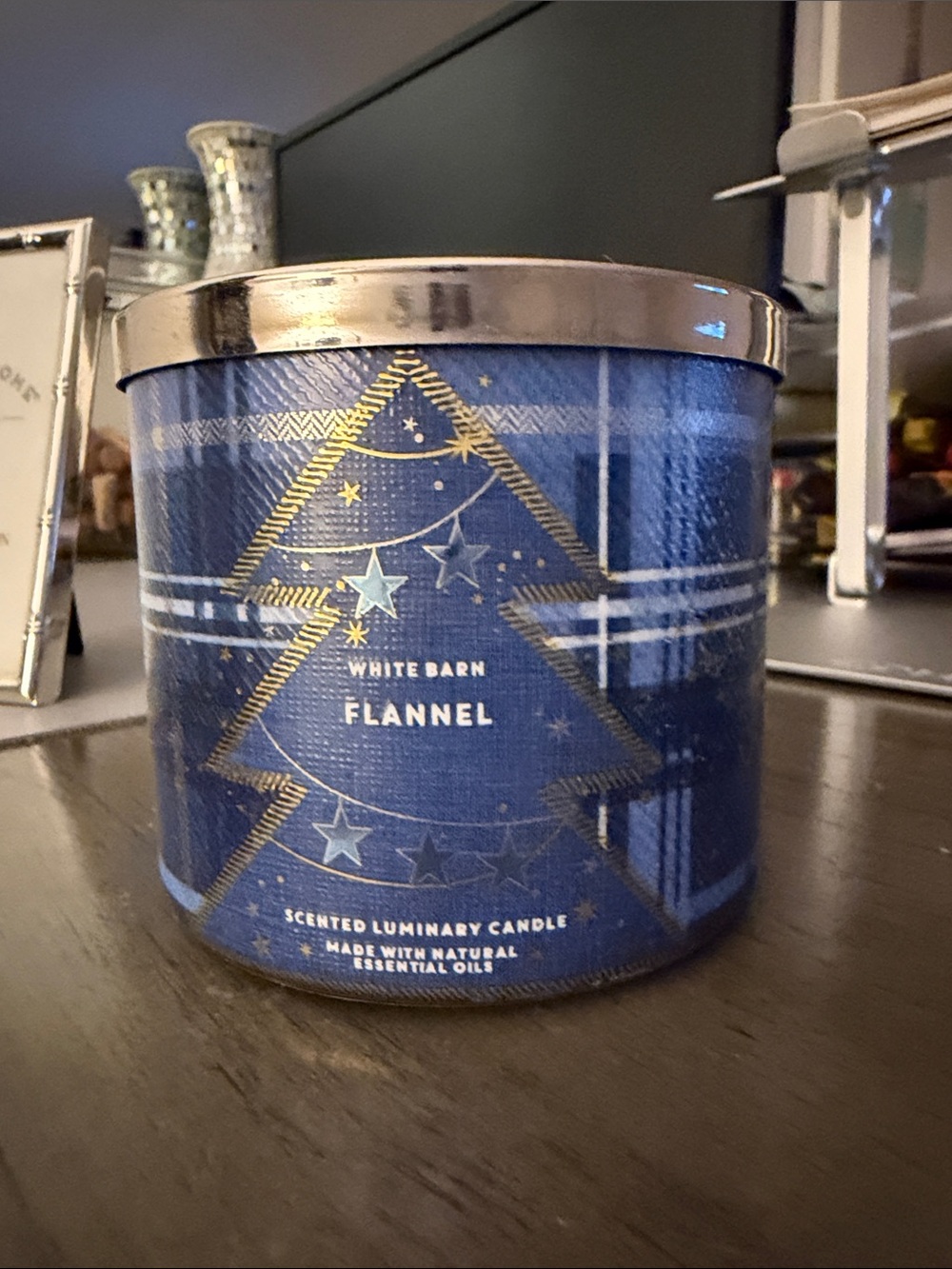 White Barn Bath and Body Works Flannel Holiday Candle - Blue and Gold NWT